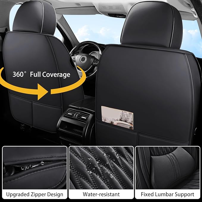 WELLDOCar Seat Covers Full Set, Premium Nappa Leather Seat Covers for Car, Waterproof Car Seat Protector with Lumbar Support, Automotive Seat Covers Universal Fit for Most Cars SUV Truck, Black,w02.