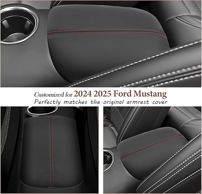 SKTU for 2024 2025 2026 Ford Mustang Accessories Center Console Cover for 2024 2025 2026 Ford Mustang Armrest Cover 2024 2025 2026 Mustang Center Console Cushion (Black with Red Line)