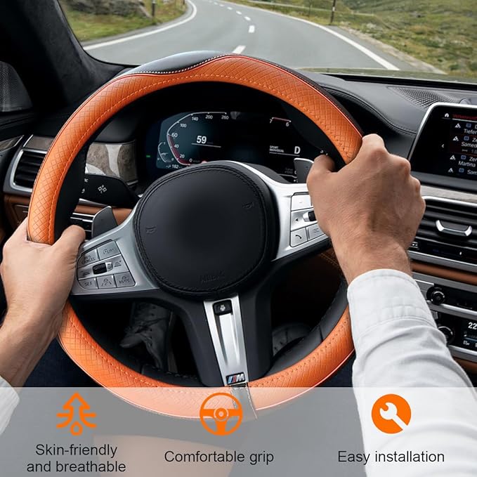 Car Steering Wheel Cover, 14.5-15" Leather Anti-Slip Sport Style Vehicle Steering Wheel Protector, Breathable Auto Interior Protection Accessories, Universal for SUV Van RV (Black/Orange)