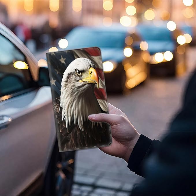 Car Document Holder with Magnetic Shut, Car Registration & Insurance Card Holder, Waterproof PU Leather Glove Box Organizer Vehicle Accessories Driver License for Women/Men, Bald Eagle Pattern