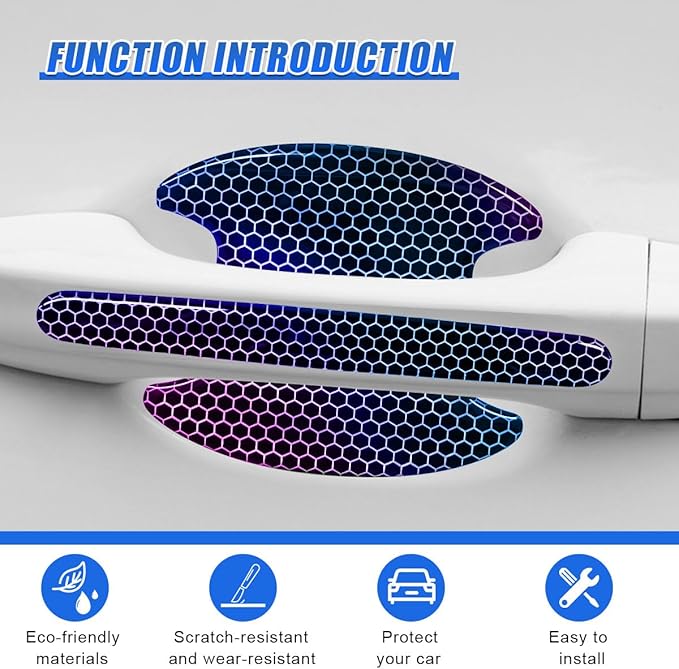 8PCS Laser Car Door Handle Protector, Anti-Scratch & Bumping Auto Door Bowl Protector with Reflective Design, Universal Self-Adhesive Vehicle Exterior Decoration Accessories(No Mark)