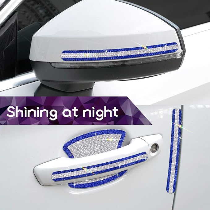 Gengki 10PCS Car Door Handle Bling Rhinestones Stickers, Gray Universal Auto Door Handle Safety Reflective Strips Blue White