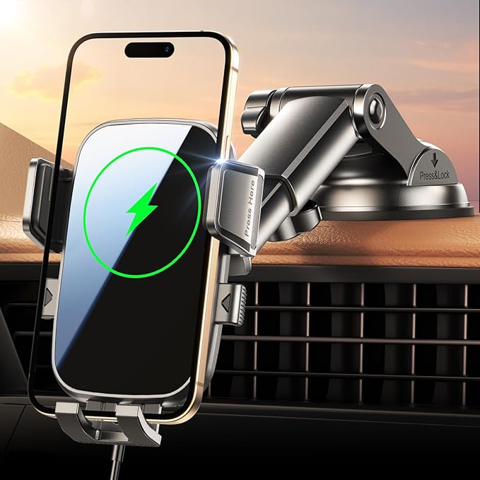 Niweya Wireless Car Charger, [15W Fast Charging] Car Phone Mount with Upgrade Suction, Car Phone Holder Charger for Dashboard Windshield Compatible with iPhone 17/16/15 Pro Max, Galaxy S25/S24 Ultra