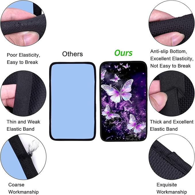 JANENFNA Car Armrest Cover Pads Universal Fashion Cute Auto Center Console Armrest Cover Pad with 2PCS Car Coasters Soft Waterproof Car Armrest Seat Protector for Women,Purple Butterflies