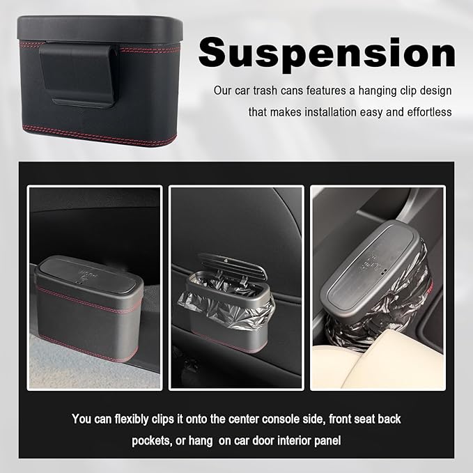 Push-Top Car Trash Can with Lid and Hanging Clip,Small Leather Car Garbage Can with 30 Trash Bags,Multi-Purpose Leakproof Cars Trashes Bin Cars Accessories for SUV,Truck,Auto