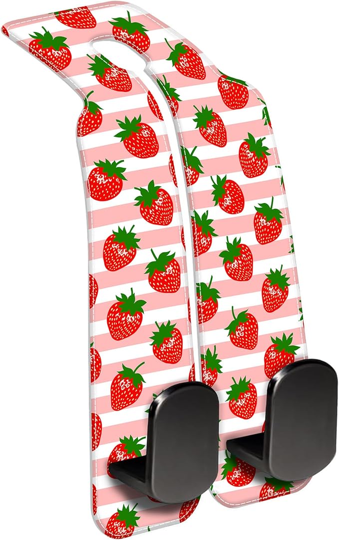 AEWNUNK 1 Pack Car Seat Headrest Hooks for Purses and Bags Watercolor Pink Strawberry Striped Bag Purse Holder for Car with Double Metal Hooks Car Purse Hanger Hanging Accessories