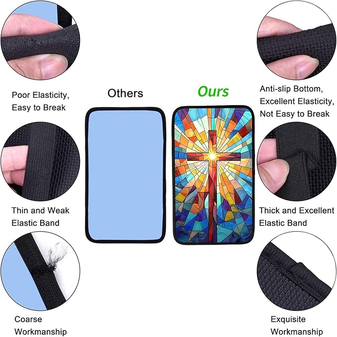 JANENFNA Car Armrest Cover Pads Universal Fashion Cute Auto Center Console Armrest Cover Pad with 2PCS Car Coasters Soft Waterproof Car Armrest Seat Protector for Women,Stained Glass Cross
