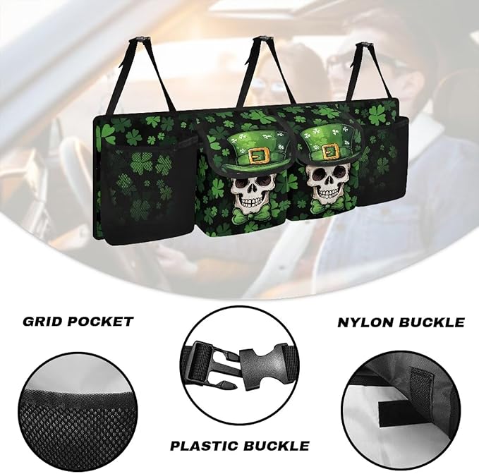 St. Patrick Day Skull Car Trunk Organizer for Women Men Hanging Suv Trunk Organizer Green Leaves Foldable Cargo Bag,4 Compartments,Frees Trunk Floor