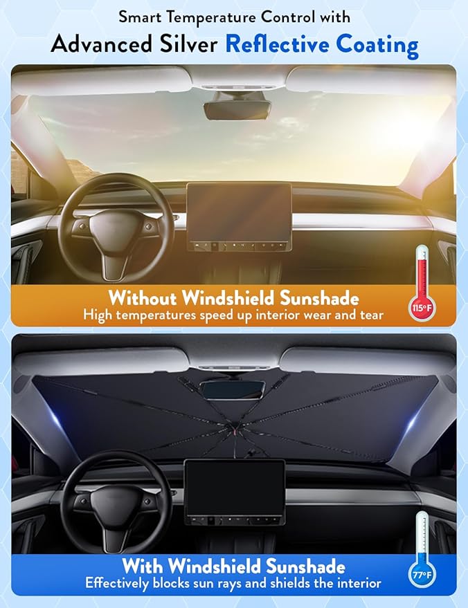 EcoNour Premium Umbrella Windshield Sun Shade for Car | Foldable UV Blocker Front Windshield Sunshade | Umbrella Shade Accessories with Storage Pouch | Full Size SUVs &MPV| Large - 61"x35"