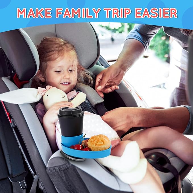 Car Seat Tray - for Cup Holders in 2.5”-2.8”,Easily Expands Snack Tray Cup Holder Tray into 360° Cup & Travel Tray for Kids Car Seat, Booster, and Stroller (Blue)