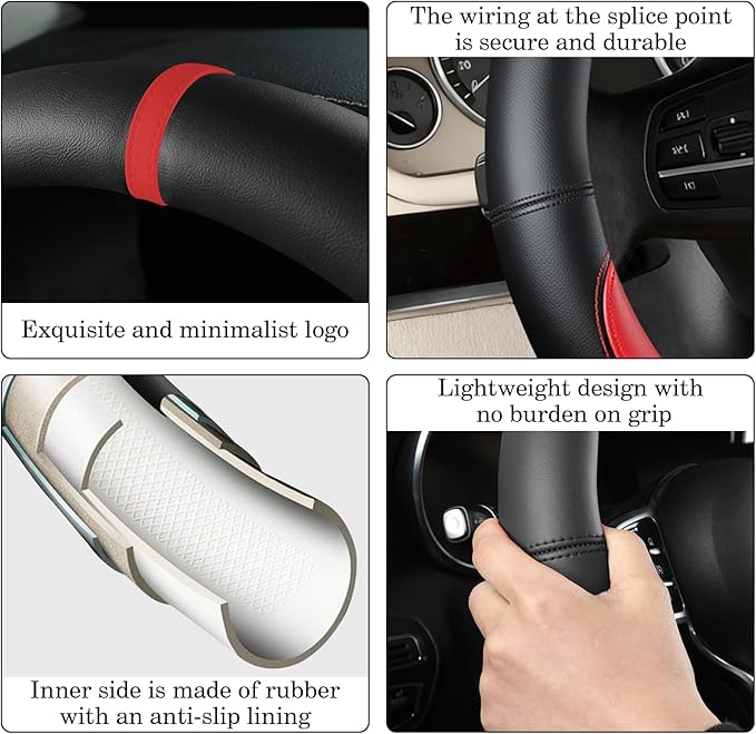 Black Red Car Steering Wheel Cover, Nappa Leather, Bottom Color Blocking, Universal 14.5-15 Inch Leather Anti-Slip Breathable Auto Steering Wheel Covers for Men Women
