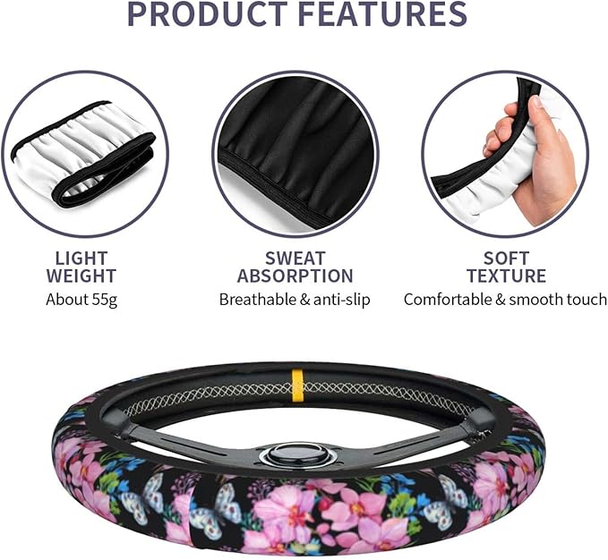 Beautiful Butterfly Steering Wheel Cover for Women Men with 2 Pcs Car Coasters, Universal 14.5-15 Inch Flowers Steering Wheel Covers Non-Slip Car Accessories for Girls