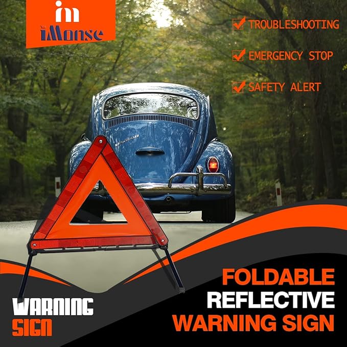 iMonse Warning Safety Triangle Kit, Emergency Roadside Warning Reflective Triangle 3 Packs with 2 LED Road Flare Light, Foldable with Storage Case for Roadside Breakdowns Emergenc