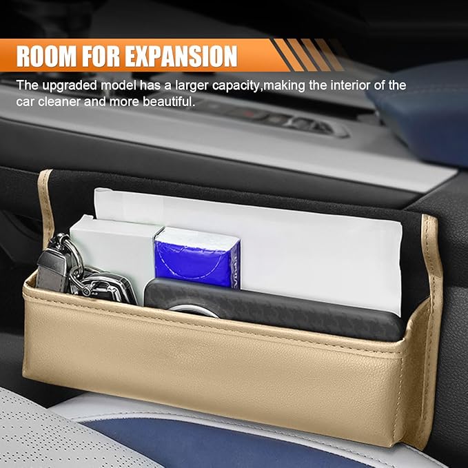 Car Seat Gap Filler Organizer, Leather Waterproof Auto Front Seat Storage Box, Portable Car Seat Side Pocket Organizer, Vehicle Interior Storage Accessory for Phone Glasse Key (Beige/Yellow)