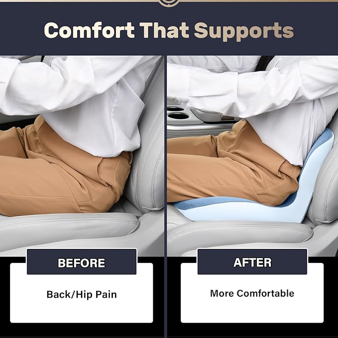 Coverado Car Seat Cushion and Lumbar Support Pillow One Piece, Memory Foam Ergonomic Back Support Driving Seat Cushion for Back Pain, Non-Slip Washable Cushion for Car, Driver, Office