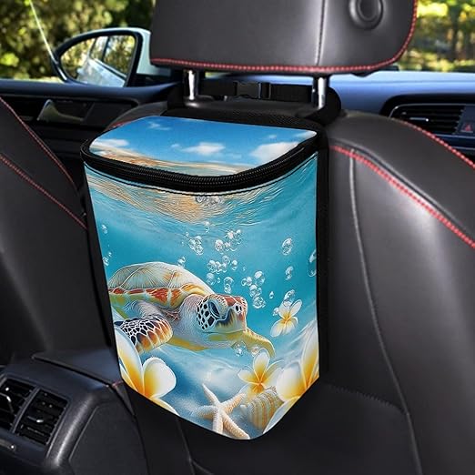 Talayituse Turtle Starfish Conch Plumeria Print Car Trash Can with Lid, Leak Proof Auto Trash Bag Hanging Vehicle Garbage Can Multipurpose Storage Container for Back Seat Road Trip