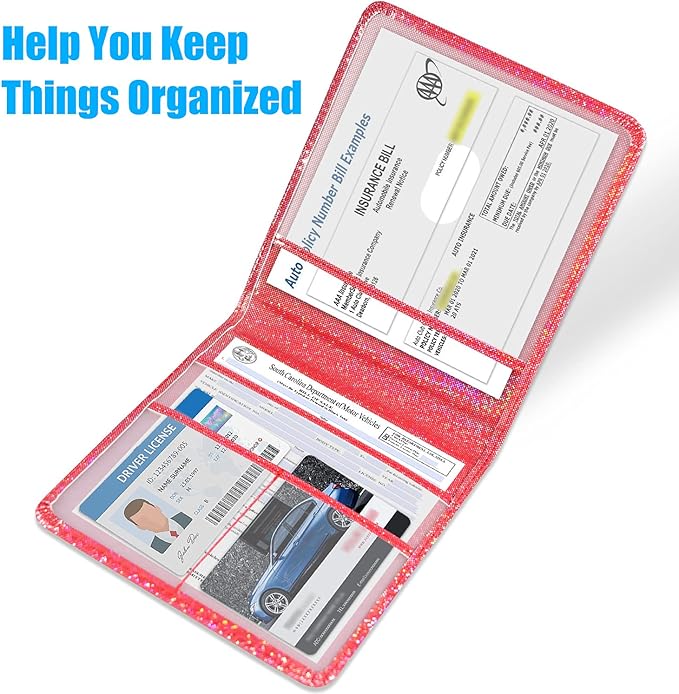 DMLuna Car Registration and Insurance Holder, Folio Leather Vehicle Card Document Glove Box Organizer, Auto Truck Compartment Accessories for Essential Information, Driver License Cards, Red Glitter