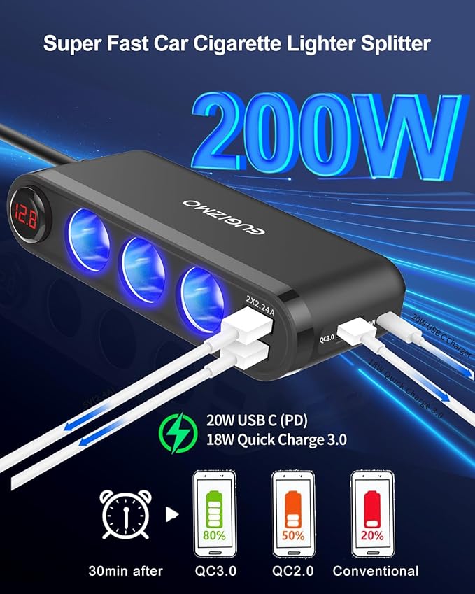 USB Cigarette Lighter Adapter, 200W Car Cigarette Lighter Plug Splitter Adapter USB Charger Extension Cord 3 Socket Way 12V/24V Car Charger Adapte r Splitter Port for Plug Outlet