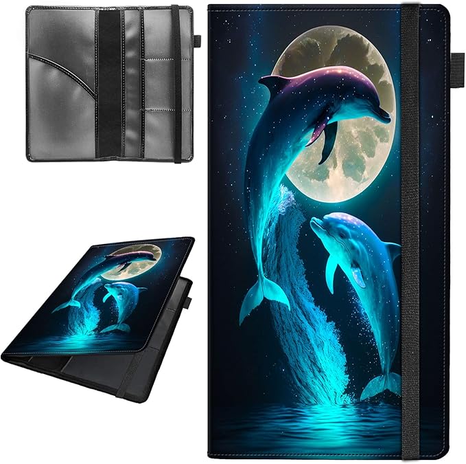 Car Registration and Insurance Holder,Leather Vehicle Glove Box Organizer Wallet for Document,Perfect for any Car,Truck,Motorcycle,Driver License,Trailer or Boat,Men & Women,Cute Dolphins and Moon