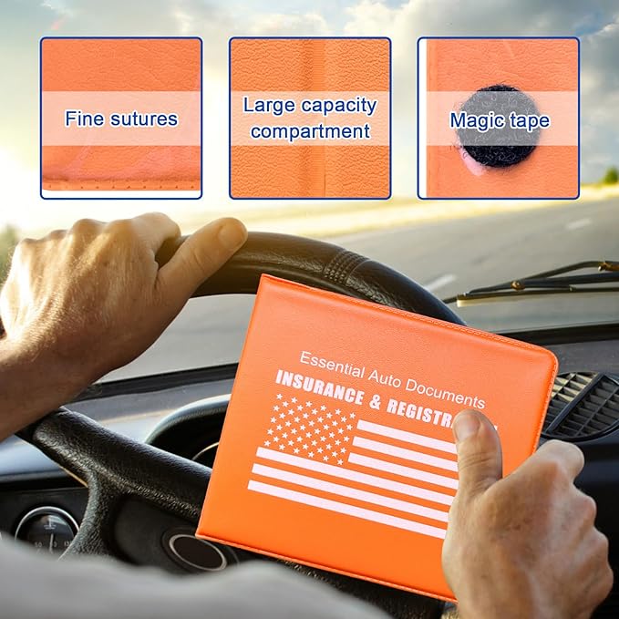 Ziciner Car Registration Insurance Holder, 2Pack Essential Auto Card Document Glove Box Organizer with Touch Fastener, Vehicle Interior Accessories Perfect for Most Car, Truck, SUV (Orange/White Flag)