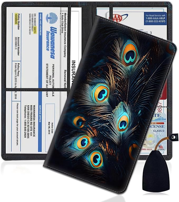 Car Document Holder with Magnetic Shut, Car Registration and Insurance Card Holder, Vehicle Glove Box Organizer Documents, Driver License, Auto Paperwork Organizer Wallet, Peacock Feathers Pattern