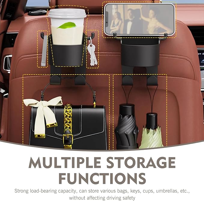 1 PC Seat Backrest Cup Holder, High Load Cell Phone/Mug/Umbrella Hanging Bag 3-in-1 PU Holder with Long/Short Hooks, Multi-functional Storage Accessory, Universal Fit for Most Cars (Black)