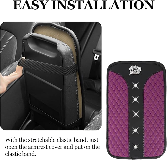 Bling Crown Car Center Console Cover, 12.7"×7.7" Armrest Cover for Cars, Waterproof Leather Arm Rest Box Pad Cushion, Universal Middle Console Cover Protector, Car Accessories (Purple)