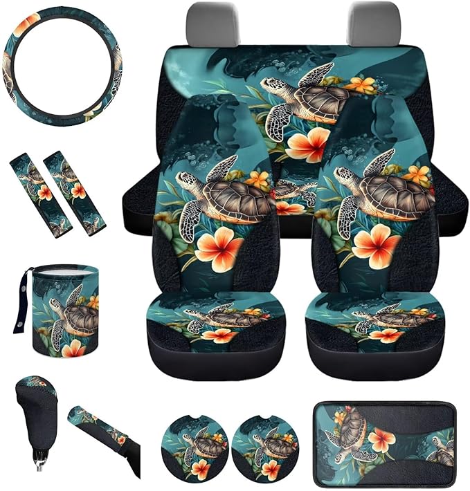 DNGKAOJE Hawaiin Sea Turtle Car Seat Covers Full Set,13 Pieces Art Turtle Print Seatbelt Shoulder Pads,Collapsible Garbage Bin,Armrest Pad Cover,Armrest Pad Set for Women Men Auto Interior Accessories