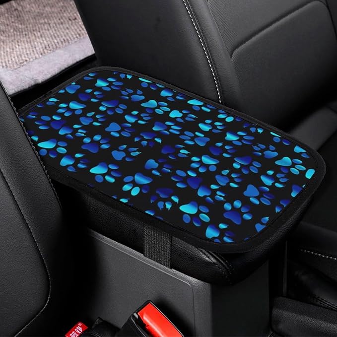 Blue Paw Print Car Center Console Cushion Pad,Waterproof Armrest Seat Box Cover Protector,Comfortable Car Decor Accessories Fit for Most Cars, Vehicles, SUVs