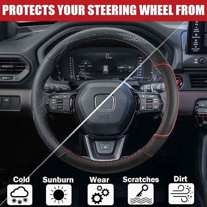ANMOSVO Steering Wheel Cover for Honda Civic Accord CRV HR-V Pilot Passport Odyssey - Microfiber Leather & Anti-Slip Safety Design 14.5-15 Inch Custom Fit (Red-Standard Size)