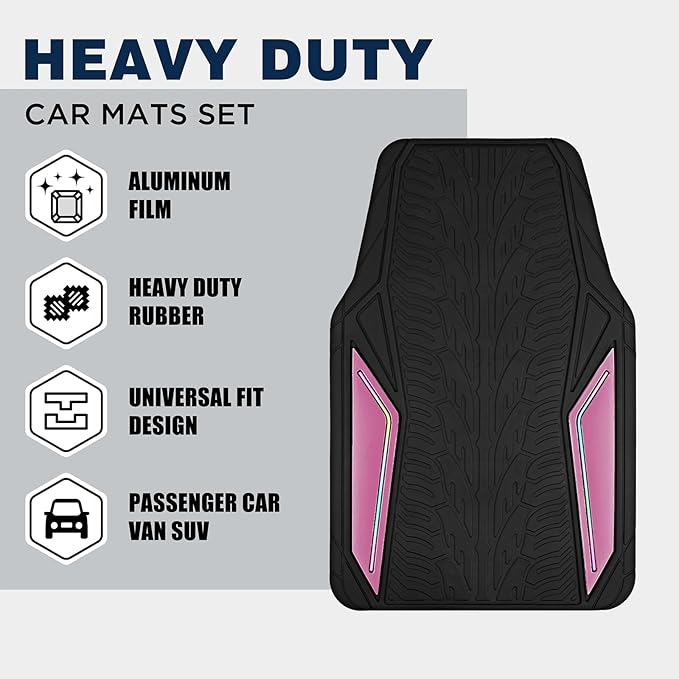 PIC AUTO Rubber Floor Mats, Pink Aluminum Film with Colorful Piping Floor Mats for Cars, Car Mats with Non-Slip Backing, All-Weather Protection, Trim-to-Fit Liner for Cars, SUVs, Trucks, Vehicles