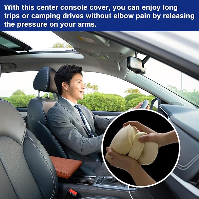 Ziciner Car Center Console Cover, Leather Memory Foam Armrest Cushion Protection Pad, Waterproof Hand Rest Pillow with Height Increase, Universal Accessory for Most Car (Brown #Angel)