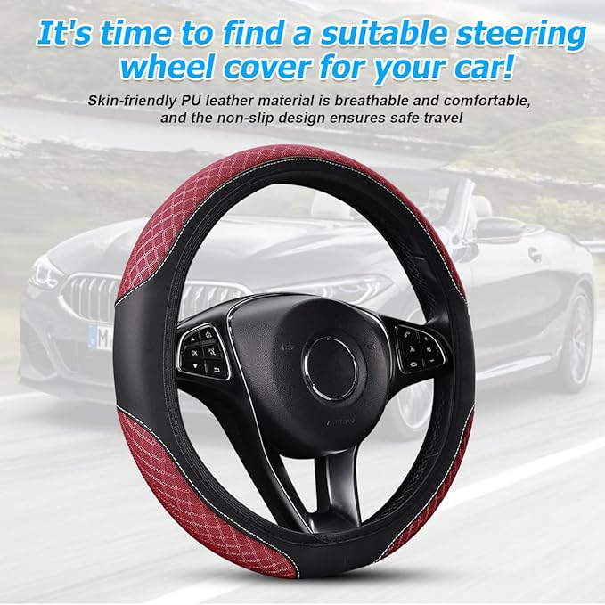 Elastic Car Steering Wheel Cover, 14.5-15 Inch Leather Non Slip Vehicle Steering Wheel Protecter Without Inner Ring, Auto Interior Protection Accessories, Universal Fit (Wine Red)