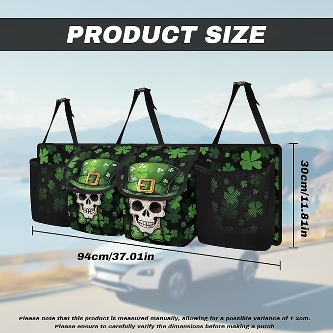 CLOHOMIN St. Patrick's Day Car Trunk Organizer Skull Car Storage Bags Green Leaf Car Trunk Tool Organizer Collapsible Cargo Bag with 4 Pockets Car Decorative Accessories, Easy to Install