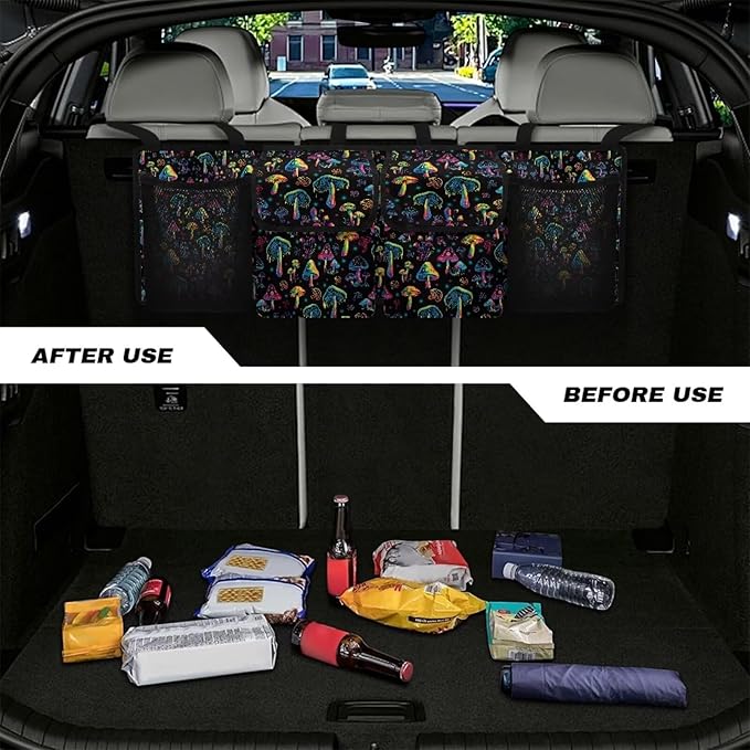 Car Trunk Organizer, Backseat Hanging Organizer with 2 Large Storage Bag & 2 Mesh Pockets, Super Capacity -Trunk Storage Bag for SUV,Truck,Van,Mushroom