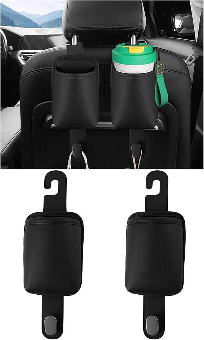 2-Pack Car Seat Back Cup Holder Organizer, Faux Leather Car Cup Holders with Hooks, Universal Backseat Storage for Drinks, Bottles & Travel Accessories (Black-2)