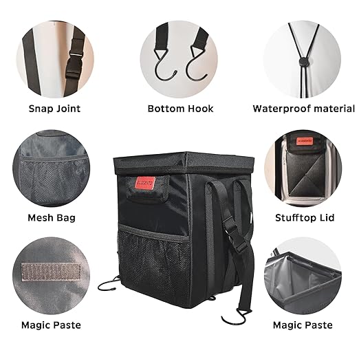 Leakproof Car Trash Can with Lid - 1.8 Gallon Soft Silicone Garbage Bin Hanging Fit for Entral Console/Front Seat Car, Sedan, SUVs, MPVs & Truck - Easy to Clean Vehicle Trash Can