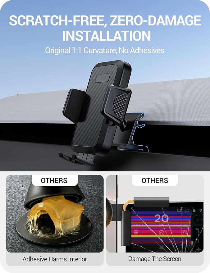 BASENOR Phone Mount for 2025 2026 Tesla Model Y Juniper/Model 3 Highland, Dashboard Phone Holder Does Not Block View [No Adhesive][Dual Arms][360° Adjustable] Tesla Accessories Fit All Smartphone