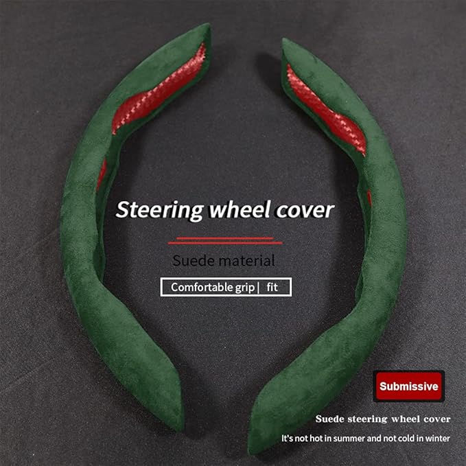 Car Steering Wheel Cover, Microfiber Suede Leather and Carbon Fiber Double Sided Design, Warm in Winter and Cool in Summer, Breathable Non Slip Segmented Protector for Most Cars (Turn Fur/Green)