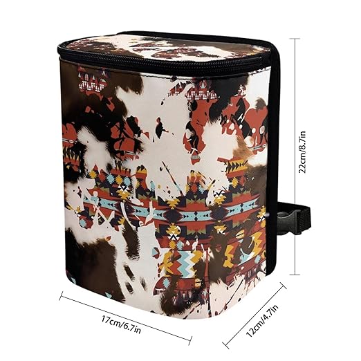 Southwestern Aztec Cow Brown Car Trash Can Garbage Bin Leak Proof Waste Basket Bin with Lid,Portable Camping Garbage Container Fit Most Vehicle