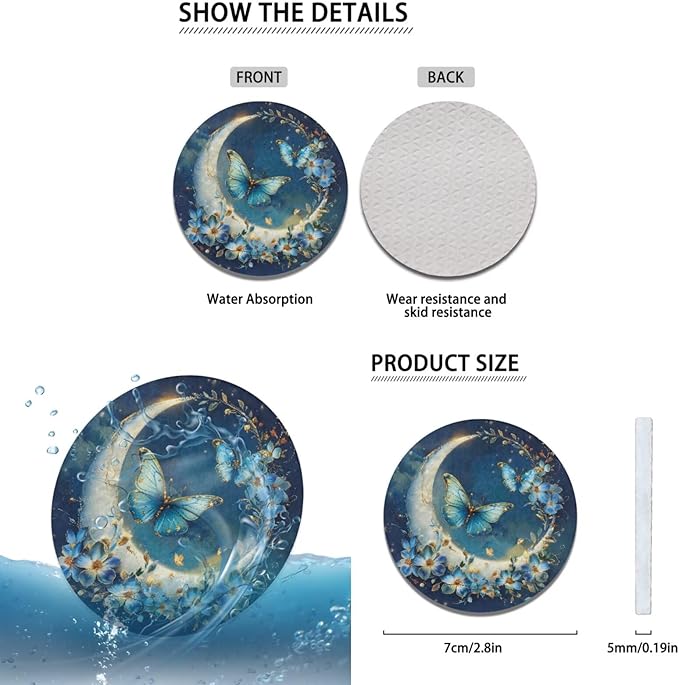 6 PCS Blue Starlit Sky Car Steering Wheel Cover Butterfly Car Interior Decor Handbrake Cover Cup Coaster Universal Fit Auto,Suvs,Truck