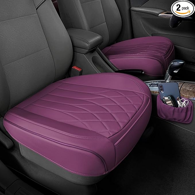 2 Pack Leather Front Car Seat Cover Bottom Car Seat, Universal Anti-Slip Driver Car Seat Protectors with Storage Pocket, Waterproof Bottom Auto Seat Cushion Pad Mat for Most Vehicles(Purple)