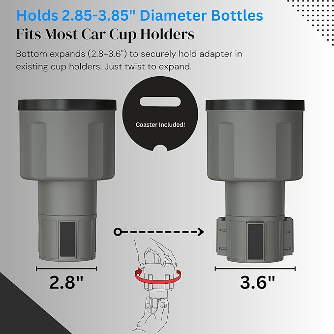 Swigzy Car Cup Holder Expander, Adjustable Expandable Insert Extender, Automotive Adapter Holds Hydro-Flask, Yeti, Nalgene, Large (32 40 oz) Water Bottles, Big Drinks - Universal Auto Vehicle (Gray)