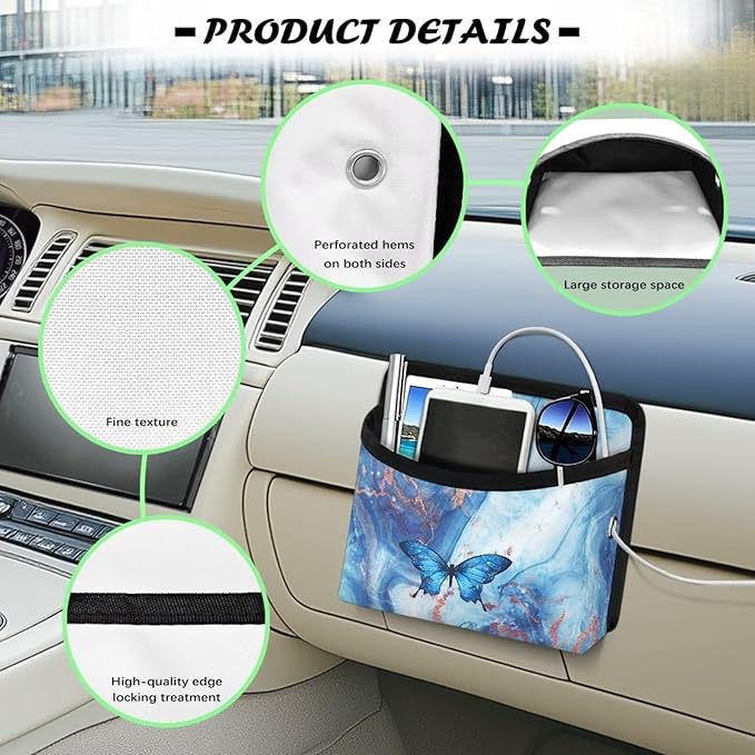 Blue Marble Print Car Side Pocket Organizer Holder for Cell Phone Sunglasses Cards Car Hanging Storage Bag Pocket Between Seats Auto Console Door Window Storage Bag