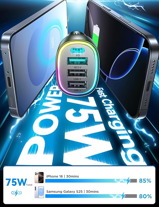 75W Car Charger USB C, 4 Port Super Fast Cigarette Lighter USB Charger, Type C 60W & QC 3.0 Multiport Car Phone Adapter Accessories for iPhone 17/16/15/14/13/12 Pro Samsung S20 S21 S22 S23, Android