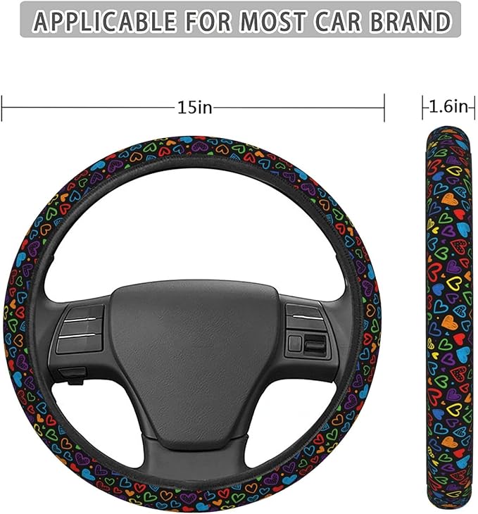 FeHuew Doodle Rainbow Hearts Steering Wheel Cover for Women, Girls 15 inch Universal Auto Car Anti Slip Wrap Steering Wheel Covers Fit for Vehicles, Truck, SUV