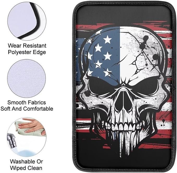 Auto Center Console Armrest Pad Seat Box Cover Universal Fit Car Armrest Cover Cushion Mat for Vehicle, SUV, Truck, Skull American Flag