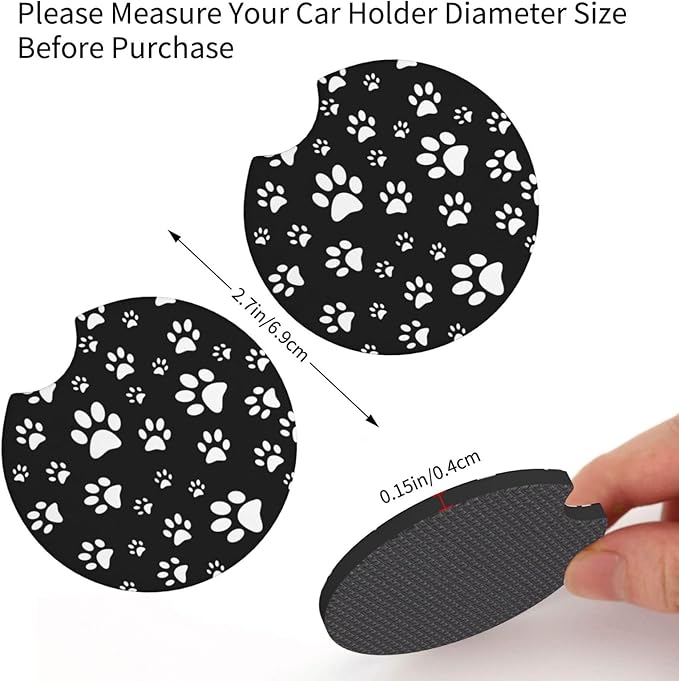 Black and White Dog Cat Paw Print Steering Wheel Cover for Women Men with 2 Pcs Car Coasters, 15 Inches Neoprene Anti-Slip Cute Universal Car Accessories Protective Cover for Vehicle