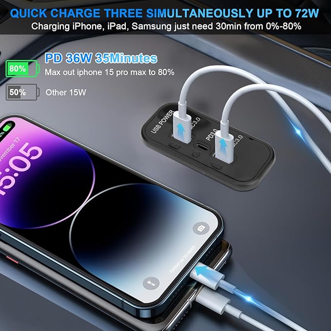 2PCS Gibbab 72W 3 Ports 12V RV USB Outlet, 36W PD3.0 Type-C Quick Charge + Dual 18W QC3.0 USB A Panel Wall Mount Car Charger Socket Automotive Multi-Port Adapter for ATV Marine Truck Boat Bus