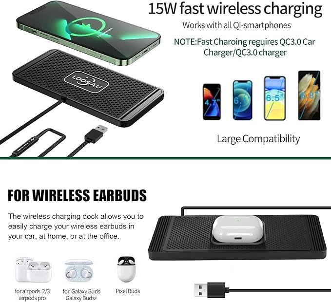 ZPSHYD Wireless Car Charger Charging Pad 15W Non Slip Fast Charging Phone Charger 4 Charging Modes, Compatible with Android iOS Qi Devices (1m Cable USB Port)